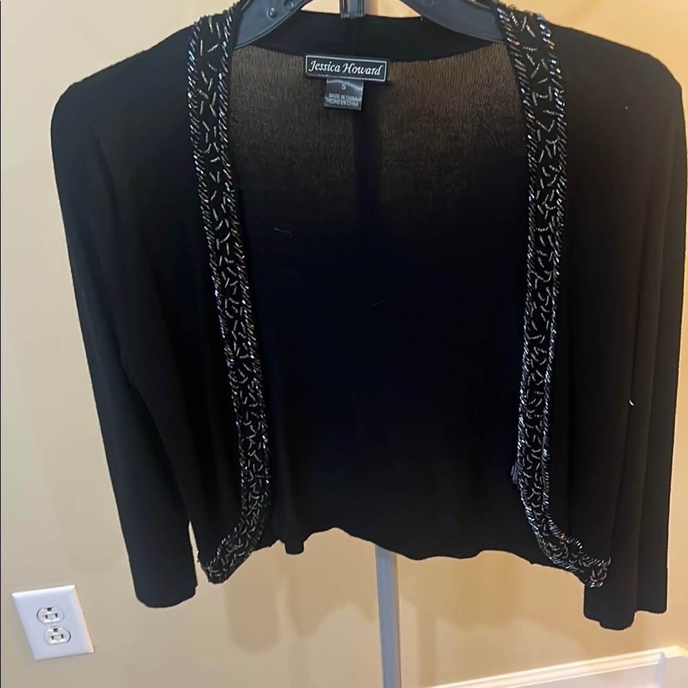 Jessica Howard Black and Silver Shrug with Elegant Trim